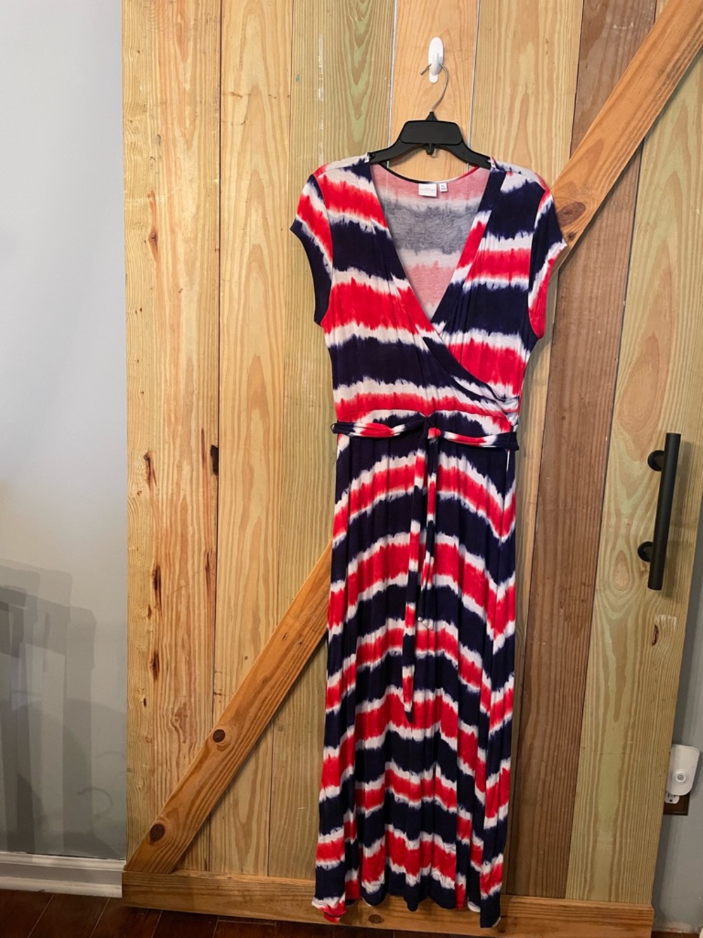 New Directions Red, White & Navy Tie-Dye Wrap Maxi Dress